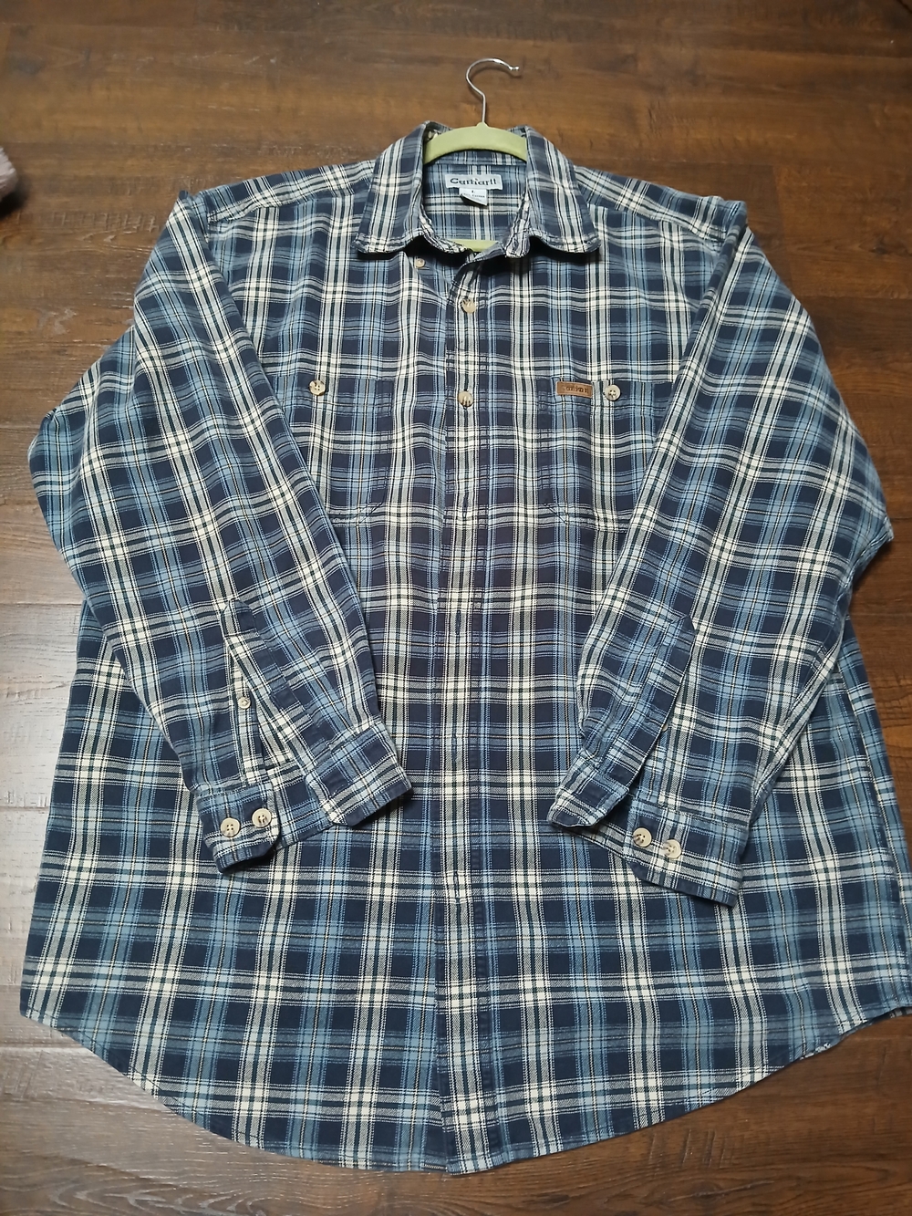 Carhartt Men's 100% Cotton Flannel Plaid Button-Up Shirt Blue White Size L
